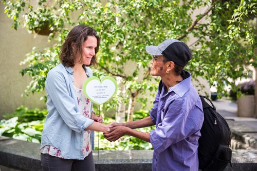 MIKAELA MACKENZIE / WINNIPEG FREE PRESS
Elly Bonny with HTFC planning and design shakes Jocelyn Saunders' hand after signing to formally become a partner of Winnipegs Indigenous Accord at the third annual signing ceremony at City Hall in Winnipeg on Tuesday, June 18, 2019. For Aldo Santin story.
Winnipeg Free Press 2019.