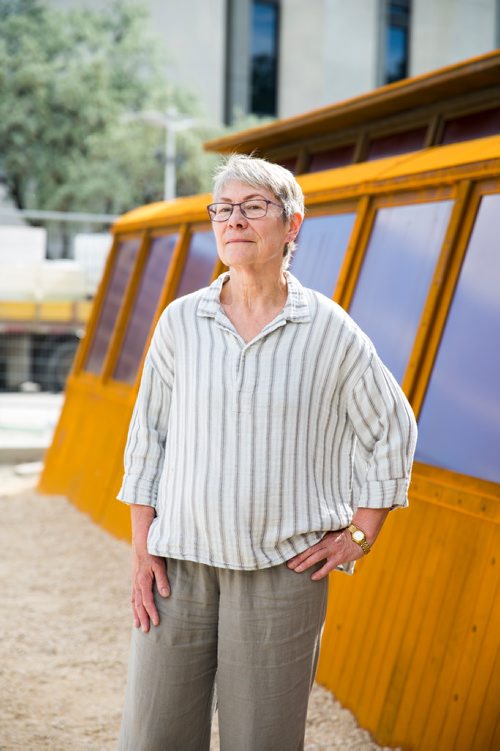 MIKAELA MACKENZIE / WINNIPEG FREE PRESS
Julie Guard, labour studies professor at U of M, poses for a portrait at the near-completed streetcar at Main St. and Market Ave. in Winnipeg on Tuesday, June 18, 2019. For Jessica Botelho-Urbanski story.
Winnipeg Free Press 2019.