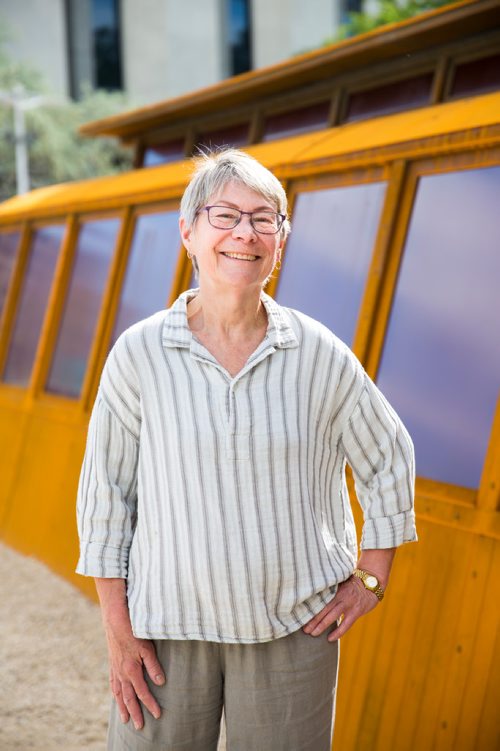 MIKAELA MACKENZIE / WINNIPEG FREE PRESS
Julie Guard, labour studies professor at U of M, poses for a portrait at the near-completed streetcar at Main St. and Market Ave. in Winnipeg on Tuesday, June 18, 2019. For Jessica Botelho-Urbanski story.
Winnipeg Free Press 2019.