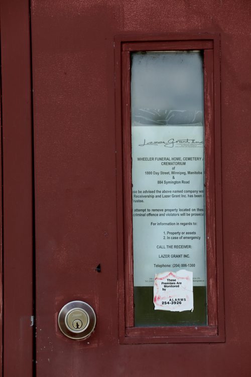 RUTH BONNEVILLE /  WINNIPEG FREE PRESS 

Local- Ex-funeral director Chad Wheeler, Wheeler Cemetery, under police investigation.
  
Photo of sign on door of funeral home on site at Wheeler Cemetery. 

More info: Winnipeg police said the financial crimes unit started investigating Wheeler in April 2018, soon after Wheeler Funeral Home, Cemetery and Crematorium went into receivership. 

Last June, the receiver said it referred more than 100 complaints it received from Wheeler clients to police, including:
More than 70 for missing trust funds.
More than 25 for missing insurance plans.
More than 25 for missing cemetery perpetual care funds and other issues such as missing grave markers/headstones.  

The Winnipeg police dive unit searched two retention ponds at Wheeler Cemetery last summer, looking for cremated human remains and medical devices, such as artificial hips and pacemakers, a search warrant says.

See story by Carol Sanders. 

June 17th, 2019
