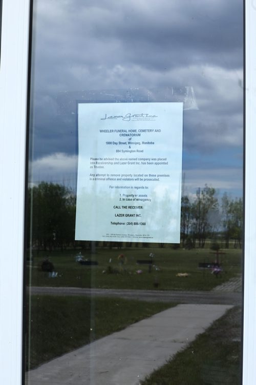 RUTH BONNEVILLE /  WINNIPEG FREE PRESS 

Local- Ex-funeral director Chad Wheeler, Wheeler Cemetery, under police investigation.
  
Photo of sign on door of funeral home on site at Wheeler Cemetery. 

More info: Winnipeg police said the financial crimes unit started investigating Wheeler in April 2018, soon after Wheeler Funeral Home, Cemetery and Crematorium went into receivership. 

Last June, the receiver said it referred more than 100 complaints it received from Wheeler clients to police, including:
More than 70 for missing trust funds.
More than 25 for missing insurance plans.
More than 25 for missing cemetery perpetual care funds and other issues such as missing grave markers/headstones.  

The Winnipeg police dive unit searched two retention ponds at Wheeler Cemetery last summer, looking for cremated human remains and medical devices, such as artificial hips and pacemakers, a search warrant says.

See story by Carol Sanders. 

June 17th, 2019

