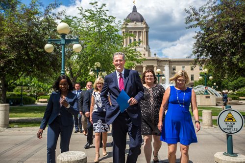 MIKAELA MACKENZIE / WINNIPEG FREE PRESS
Premier Brian Pallister walks up to a press conference announcing a September election date in front of the Manitoba Legislative Building with his cabinet  in Winnipeg on Wednesday, June 19, 2019. For Larry/Dan story.
Winnipeg Free Press 2019.