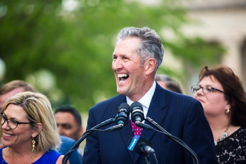 MIKAELA MACKENZIE / WINNIPEG FREE PRESS
Premier Brian Pallister announces a September election date in front of the Manitoba Legislative Building with his cabinet  in Winnipeg on Wednesday, June 19, 2019. For Larry/Dan story.
Winnipeg Free Press 2019.