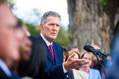 MIKAELA MACKENZIE / WINNIPEG FREE PRESS
Premier Brian Pallister announces a September election date in front of the Manitoba Legislative Building with his cabinet  in Winnipeg on Wednesday, June 19, 2019. For Larry/Dan story.
Winnipeg Free Press 2019.