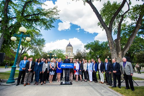 MIKAELA MACKENZIE / WINNIPEG FREE PRESS
Premier Brian Pallister announces a September election date in front of the Manitoba Legislative Building with his cabinet  in Winnipeg on Wednesday, June 19, 2019. For Larry/Dan story.
Winnipeg Free Press 2019.