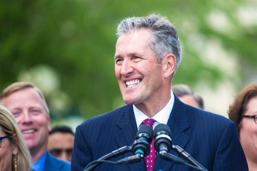 MIKAELA MACKENZIE / WINNIPEG FREE PRESS
Premier Brian Pallister announces a September election date in front of the Manitoba Legislative Building with his cabinet  in Winnipeg on Wednesday, June 19, 2019. For Larry/Dan story.
Winnipeg Free Press 2019.