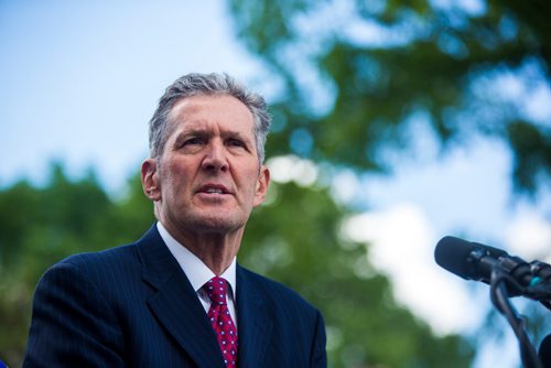 MIKAELA MACKENZIE / WINNIPEG FREE PRESS
Premier Brian Pallister announces a September election date in front of the Manitoba Legislative Building with his cabinet  in Winnipeg on Wednesday, June 19, 2019. For Larry/Dan story.
Winnipeg Free Press 2019.