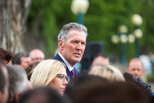 MIKAELA MACKENZIE / WINNIPEG FREE PRESS
Premier Brian Pallister announces a September election date in front of the Manitoba Legislative Building with his cabinet  in Winnipeg on Wednesday, June 19, 2019. For Larry/Dan story.
Winnipeg Free Press 2019.