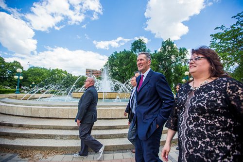 MIKAELA MACKENZIE / WINNIPEG FREE PRESS
Premier Brian Pallister walks away after announcing a September election date in front of the Manitoba Legislative Building with his cabinet  in Winnipeg on Wednesday, June 19, 2019. For Larry/Dan story.
Winnipeg Free Press 2019.