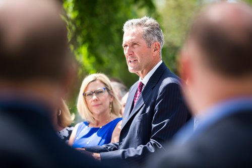 MIKAELA MACKENZIE / WINNIPEG FREE PRESS
Premier Brian Pallister announces a September election date in front of the Manitoba Legislative Building with his cabinet  in Winnipeg on Wednesday, June 19, 2019. For Larry/Dan story.
Winnipeg Free Press 2019.