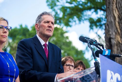 MIKAELA MACKENZIE / WINNIPEG FREE PRESS
Premier Brian Pallister announces a September election date in front of the Manitoba Legislative Building with his cabinet  in Winnipeg on Wednesday, June 19, 2019. For Larry/Dan story.
Winnipeg Free Press 2019.