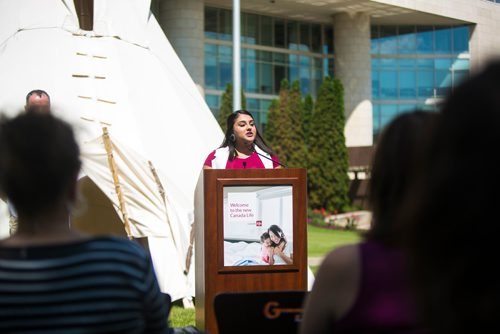 MIKAELA MACKENZIE / WINNIPEG FREE PRESS
Tanjit Nagra, youth engagement activator at TakingITGlobal, speaks after Canada Life announces a commitment of over $500,000 combined to Teach For Canada and Connected North in front of the Great-West Life Centre in Winnipeg on Thursday, June 20, 2019. For Nick Frew story.
Winnipeg Free Press 2019.