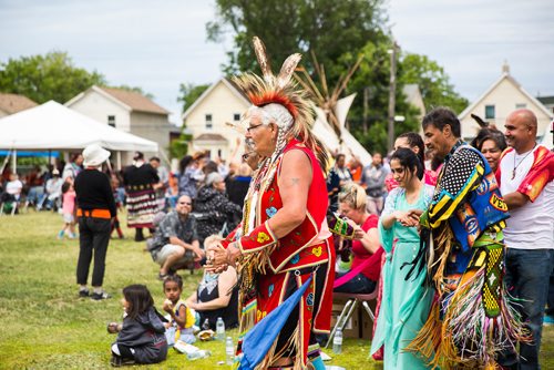 MIKAELA MACKENZIE / WINNIPEG FREE PRESS
Flora and Henry Ruck lead the big group dance at Aboriginal Day festivities at the Freighthouse Community Centre in Winnipeg on Friday, June 21, 2019. 
Winnipeg Free Press 2019.