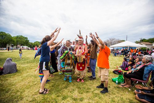 MIKAELA MACKENZIE / WINNIPEG FREE PRESS
Flora and Henry Ruck lead the big group dance at Aboriginal Day festivities at the Freighthouse Community Centre in Winnipeg on Friday, June 21, 2019. 
Winnipeg Free Press 2019.