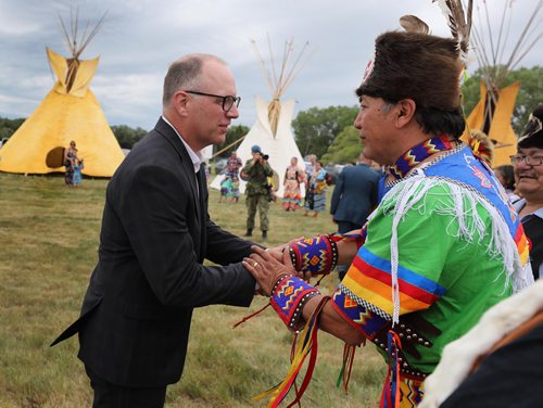 RUTH BONNEVILLE /  WINNIPEG FREE PRESS 

Local - KAPYONG

Celebrate National Indigenous Peoples Day on Kapyong Barracks Lands (Lipsett Hall land).

Winnipeg City Councillor Scott Gillingham (St. James - Brooklands - Weston) shakes the hand of Chief Dennis Meeches (Long Plain), during celebration ceremony for National Indigenous Peoples Day at Kapyong Barracks Lands Friday.

See Kevin Rollason's story.  


June 21st , 2019
