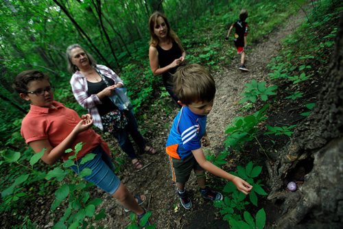 PHIL HOSSACK / WINNIPEG FREE PRESS -  Barbara Samson and Lorna Kroeker (black top) and her daughter Brynn (13) left, wait as Rylan (7) hides a rock,  Grayson (10) heads off to find the next spot (right) . Kroeker, her kids and Samson paint rocks to leave along Winnipeg trails.  See Dave Sanderson story? - June 18, 2019.