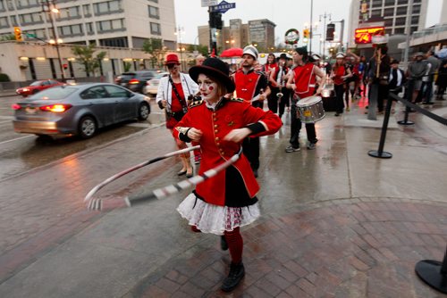 PHIL HOSSACK / WINNIPEG FREE PRESS - Members of the "Flaming Trolly's Band march down Main Street Friday evening as part of the dedication ceremonies on the 100th anniversary of the General Strike of 1919. See story?  - June 21, 2019.