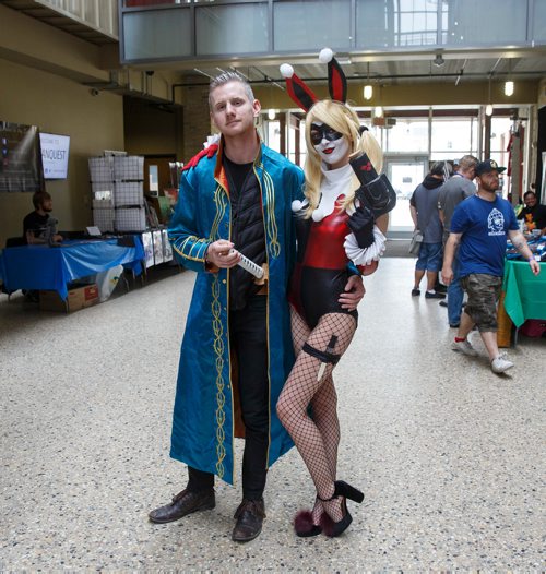 MIKE DEAL / WINNIPEG FREE PRESS
Cosplayers Brad Tutte as Vergil and Georgia Loewen as Harley Quinn wander about during FanQuest at the RRCs Princess St. campus Saturday afternoon. The annual convention celebrates all fandoms bringing in guest speakers, facilitating fan panels, workshops, performances and the ubiquitous vendors and artists related to many of the most popular fandoms.
190622 - Saturday, June 22, 2019.