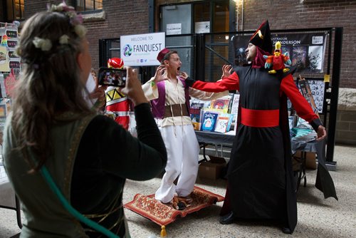 MIKE DEAL / WINNIPEG FREE PRESS
Cosplayers Sean Palmer as Aladdin and Derek Schellenberg as Jafar have their photo taken during FanQuest at the RRCs Princess St. campus Saturday afternoon. The annual convention celebrates all fandoms bringing in guest speakers, facilitating fan panels, workshops, performances and the ubiquitous vendors and artists related to many of the most popular fandoms.
190622 - Saturday, June 22, 2019.