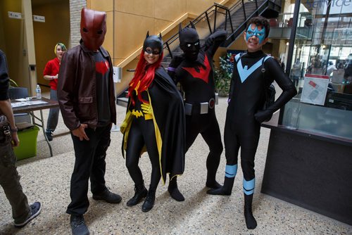 MIKE DEAL / WINNIPEG FREE PRESS
Batman cosplayers (from left) Alex Pazdor, Raquel Pazdor, Carter Finch and Zander Finch as Night Wing, wander about during FanQuest at the RRCs Princess St. campus Saturday afternoon. The annual convention celebrates all fandoms bringing in guest speakers, facilitating fan panels, workshops, performances and the ubiquitous vendors and artists related to many of the most popular fandoms.
190622 - Saturday, June 22, 2019.