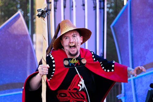 Daniel Crump / Winnipeg Free Press. The Dakhká Khwáan Dancers with DJ Dash perform during APTN Indigenous Day Live 2019 at the Forks, Winnipeg. June 19, 2019.