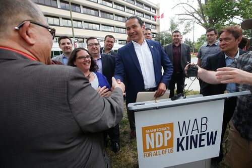 JOHN WOODS / WINNIPEG FREE PRESS
Wab Kinew, Manitoba NDP leader, meets with his candidates and the media for a pre-election press conference outside the Misericordia Health Centre in Winnipeg Sunday, June 23, 2019.

Reporter: Tessa