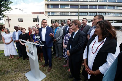 JOHN WOODS / WINNIPEG FREE PRESS
Wab Kinew, Manitoba NDP leader, meets with his candidates and the media for a pre-election press conference outside the Misericordia Health Centre in Winnipeg Sunday, June 23, 2019.

Reporter: Tessa