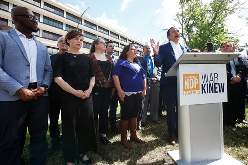 JOHN WOODS / WINNIPEG FREE PRESS
Wab Kinew, Manitoba NDP leader, meets with his candidates and the media for a pre-election press conference outside the Misericordia Health Centre in Winnipeg Sunday, June 23, 2019.

Reporter: Tessa