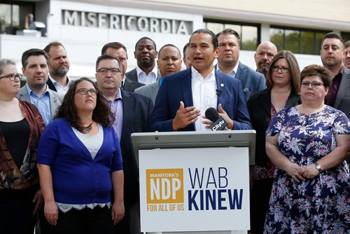 JOHN WOODS / WINNIPEG FREE PRESS
Wab Kinew, Manitoba NDP leader, meets with his candidates and the media for a pre-election press conference outside the Misericordia Health Centre in Winnipeg Sunday, June 23, 2019.

Reporter: Tessa