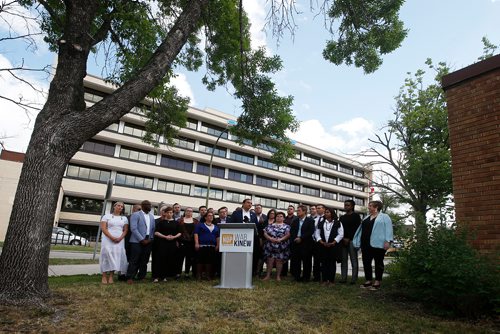 JOHN WOODS / WINNIPEG FREE PRESS
Wab Kinew, Manitoba NDP leader, meets with his candidates and the media for a pre-election press conference outside the Misericordia Health Centre in Winnipeg Sunday, June 23, 2019.

Reporter: Tessa