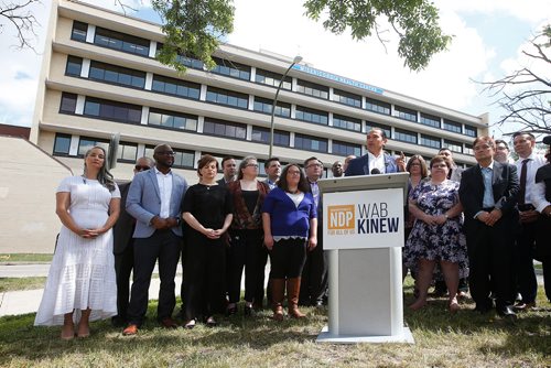 JOHN WOODS / WINNIPEG FREE PRESS
Wab Kinew, Manitoba NDP leader, meets with his candidates and the media for a pre-election press conference outside the Misericordia Health Centre in Winnipeg Sunday, June 23, 2019.

Reporter: Tessa