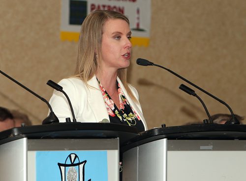 JASON HALSTEAD / WINNIPEG FREE PRESS

Katie Emond of Lighthouse Mission speaks after receiving a donation from the Grand Chapter of Manitoba, Order of the Eastern Star, at the Order of the Eastern Star's annual convention May 27, 2019, at Canad Inns Polo Park. (See Social Page)