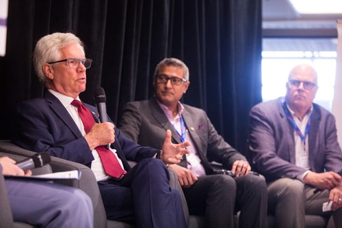 MIKAELA MACKENZIE / WINNIPEG FREE PRESS
Jim Carr, Minister of International Trade Diversification (left), speaks on a panel with Stanley Gomes, Senior Trade Commissioner, and Howard Loewen, president and CEO of MicroPilot, about the new modernized Canada-Israel Free Trade Agreement at the Asper Jewish Community Campus in Winnipeg on Monday, June 24, 2019. For Martin Cash story.
Winnipeg Free Press 2019.