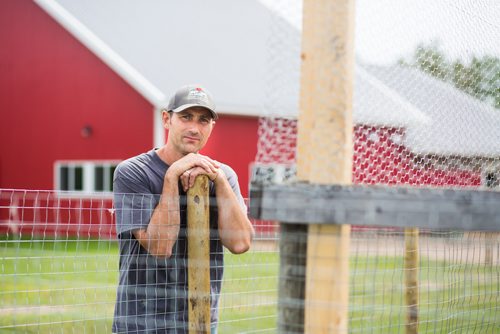 MIKAELA MACKENZIE / WINNIPEG FREE PRESS
Karl Schoenrock, co-owner of Kismet Creek Farm, by his quarantined chicken coop near Steinbach, Manitoba on Monday, June 24, 2019. Their rescue chickens have been infected with ILT (a highly contagious chicken virus) but they've been approved for a long-term quarantine so they don't have to kill them off. For Tessa Vanderhart story.
Winnipeg Free Press 2019.