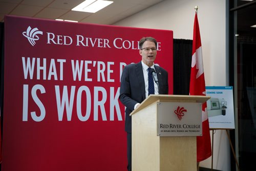 MIKE DEAL / WINNIPEG FREE PRESS
Red River College officially opened the doors to its brand-new Smart Factory Friday morning.
The facility is a state-of-the-art learning and applied research space that will directly support Manitoba's growing aerospace and manufacturing industries.
Paul Vogt, President and CEO of RRC speaks during the official opening ceremonies.
190628 - Friday, June 28, 2019.