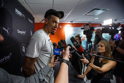 MIKE DEAL / WINNIPEG FREE PRESS
Toronto Raptors Danny Green, acquired in the same trade as Kawhi Leonard, talks to the media during his sold-out skills camp at the Sport for Life Canada Games Centre Wednesday. Around 200 kids aged 8 to 16 took part in the Danny Green Skills Clinic.
190703 - Wednesday, July 03, 2019.