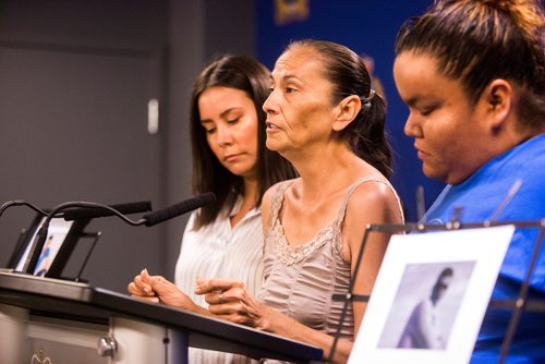 MIKAELA MACKENZIE / WINNIPEG FREE PRESS
Sarah Coates speaks to the media with her daughters, Dawna (left) and Marina Coates, about the homicide of Gabriel Radford Coates (Sarah's brother) at the Police Headquarters in Winnipeg on Friday, July 5, 2019. For Ashley Prest story.
Winnipeg Free Press 2019.