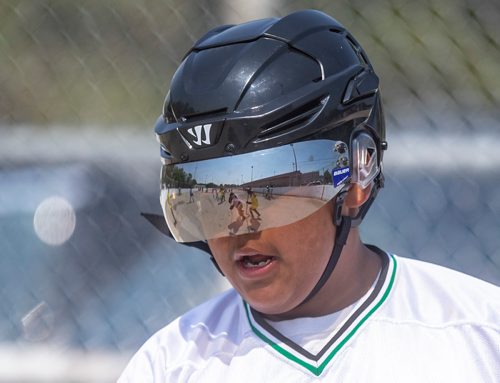 SASHA SEFTER / WINNIPEG FREE PRESS
Game action reflected in the visor of Dion Day of the Smokin Aces during the second annual Manitoba Indigenous Youth Ball Hockey Tournament held at the Norberry-Glenlee Community Centre.
190706 - Saturday, July 06, 2019.