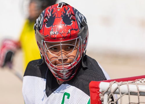 SASHA SEFTER / WINNIPEG FREE PRESS
Smokin Aces goaltender Kordel Day during the second annual Manitoba Indigenous Youth Ball Hockey Tournament held at the Norberry-Glenlee Community Centre.
190706 - Saturday, July 06, 2019.
