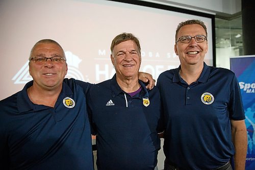 MIKE DEAL / WINNIPEG FREE PRESS
Members of the 1987-89 Brandon Bobcats basketball team (from left) Frank Bojarski, Coach Jerry Hemmings, and Doug Carmichael during the Manitoba Sports Hall of Fame announcement Monday morning.
Manitoba Sports Hall of Fame announce inductees for 2019. The inductees will be honoured at the 40th Anniversary Induction Ceremonies in November.
190708 - Monday, July 08, 2019.