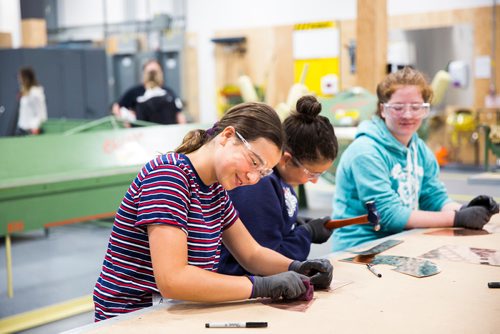 MIKAELA MACKENZIE / WINNIPEG FREE PRESS
Avery Delaney, 14 (left), Mia Gutarts, 13, and Julie Leroux, 12, try out different ways of texturing their copper lamp bases at the Girls Exploring Trades and Technology at Red River College in Winnipeg on Tuesday, July 9, 2019. For Nadya Pankiw story.
Winnipeg Free Press 2019.