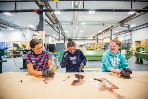 MIKAELA MACKENZIE / WINNIPEG FREE PRESS
Avery Delaney, 14 (left), Mia Gutarts, 13, and Julie Leroux, 12, try out different ways of texturing their copper lamp bases at the Girls Exploring Trades and Technology at Red River College in Winnipeg on Tuesday, July 9, 2019. For Nadya Pankiw story.
Winnipeg Free Press 2019.