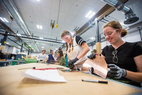 MIKAELA MACKENZIE / WINNIPEG FREE PRESS
Grace Alice Holt Frank (left) and Mackenzie Klein try out different ways of texturing their copper lamp bases at the Girls Exploring Trades and Technology at Red River College in Winnipeg on Tuesday, July 9, 2019. For Nadya Pankiw story.
Winnipeg Free Press 2019.