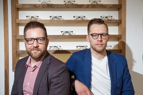 MIKE DEAL / WINNIPEG FREE PRESS
New Winnipeg eyewear manufacturer called JBlom. Andrew Aiken (left) and his brother Christopher (right) are the founders of JBlom and Andrew is also owner of Clarity which has locations in Winkler, Selkirk and Portage la Prairie. The idea is to make high end glasses at low price points, Rather than $600 or $800 for frames and lenses they sell for $279.
190709 - Tuesday, July 09, 2019.
