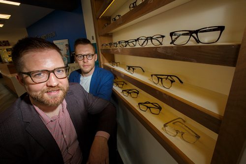 MIKE DEAL / WINNIPEG FREE PRESS
New Winnipeg eyewear manufacturer called JBlom. Andrew Aiken (left) and his brother Christopher (right) are the founders of JBlom and Andrew is also owner of Clarity which has locations in Winkler, Selkirk and Portage la Prairie. The idea is to make high end glasses at low price points, Rather than $600 or $800 for frames and lenses they sell for $279.
190709 - Tuesday, July 09, 2019.