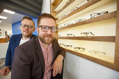 MIKE DEAL / WINNIPEG FREE PRESS
New Winnipeg eyewear manufacturer called JBlom. Andrew Aiken (right) and his brother Christopher (left) are the founders of JBlom and Andrew is also owner of Clarity which has locations in Winkler, Selkirk and Portage la Prairie. The idea is to make high end glasses at low price points, Rather than $600 or $800 for frames and lenses they sell for $279.
190709 - Tuesday, July 09, 2019.