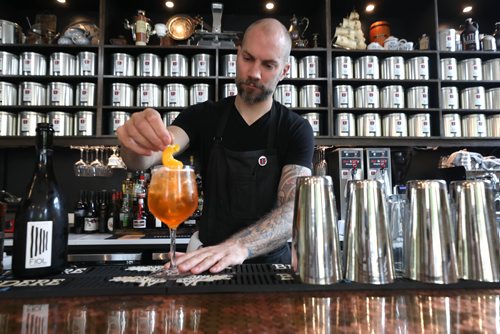 RUTH BONNEVILLE /  WINNIPEG FREE PRESS 

ARTS - Cocktail Beets and Peaches

Photo of Beets and Peaches for story. 

Description:- photo for Ben MacPhee-Sigurdsons feature on cocktails. Amsterdam Tea Room.  

July 9th, 2019 

