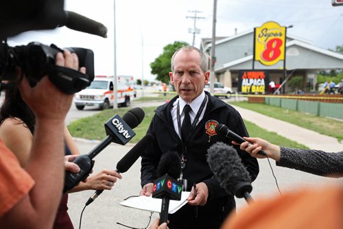 RUTH BONNEVILLE /  WINNIPEG FREE PRESS 

Winnipeg Fire Paramedic Chief,  John Lane, informs the media about the carbon monoxide  leak that occurred at the Super 8 Motel on Portage Ave.Tuesday.

46 people that were staying at the hotel were taken to the hospital: 15 people in critical condition, 5 in unstable condition and 26 in stable condition.  There were no fatalities from the incident.  

July 9th, 2019 

