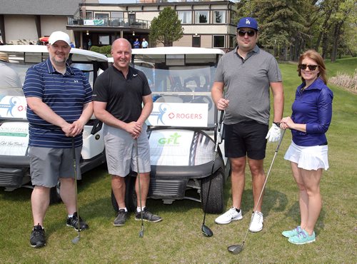 JASON HALSTEAD / WINNIPEG FREE PRESS

L-R: Jeff Neville, Colin Bartlett, Andrew Babey and Kristen Balcain of cart sponsor Rogers at Marymound's third annual 100 Exclusive Golf Tournament at Rossmere Country Club on May 30, 2019. (See Social Page)