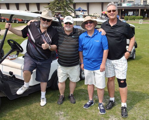 JASON HALSTEAD / WINNIPEG FREE PRESS
L-R: Chuck LaFleche, Doug Stephen, Tony Mariani and Chris Stevens of celebrity sponsor Global Philanthropic Canada at Marymound's third annual 100 Exclusive Golf Tournament at Rossmere Country Club on May 30, 2019. (See Social Page)